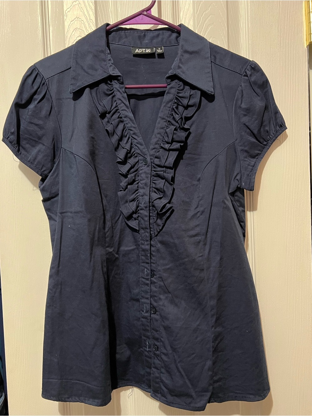 Apt. 9 Navy Ruffled Short Sleeve Button-Front Blouse